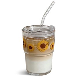 Olvini 13oz Glass Tumbler with Glass Straw and Lid, Iced Coffee Cups Reusable, Water Cup, Coffee Tumbler, Glass Coffee Mugs, Sunflower Gifts (Sunflower - 13oz)