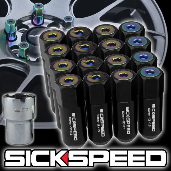 SIckspeed JDM Racing Lugnuts 16 BLACK/NEO CHROME CAPPED ALUMINUM 60MM