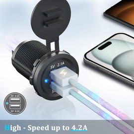 Doppelte 2.1A Ladeanschlüsse USB Steckdose 12V, 2 Stück Auto USB Steckdose KFZ Ladegerät USB Einbau Buchse 24V Wasserdicht Zigarettenanzünder Dose mit Blau LED für Motorrad Boot LKW Wohnwagen