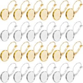 SUNNYCLUE 1 Box 40Pcs 304 Stainless Steel Earring Hooks Leverback Hoop Earrings Cabochon Setting 12mm Tray Gold Silver Flat Round Blank Bezel Earring Findings for Jewelry Making Earrings Supplies