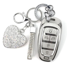 YIKECASE Key Fob Cover with Diamond Keychain Fit for Hyundai Car Key Holder Case Compatible with Hyundai 2023 2022 2021 2020 Sonata Santa Fe Tucson Smart Remote Key Protector, 5 Buttons (Silver-Heart)