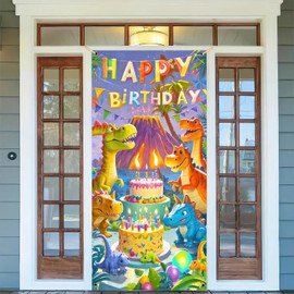 HOMETITUTE Dinosaur Birthday Door Cover 71x35 Inch Colorful Volcano Theme Birthday Banner for Kids Party Decorations Photo Backdrop Sign for Boys Girls Wall Party Supplies