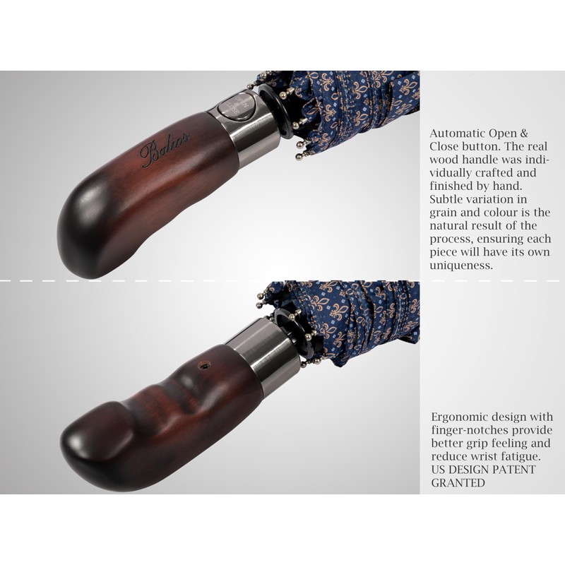 Balios Travel Folding Umbrella with Real Wood Handle Auto Open