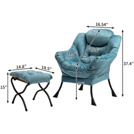 HollyHOME Fabric Lazy Chair with Foldable Ottoman, Accent Comfy Lounge Arm Chair and Folding Footrest Stool Set, Leisure Sofa Reading Chair and Footstool for Living Room, Bedroom, Dorm, Blue