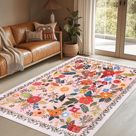 GODUCK Living Room Rug, 5x7 Rug Machine Boho Washable Area Rug, Non Slip Vintage Low Pile Floral Rugs for Living Room, Bedroom, Farmhouse, Dining Room, Kids Playroom