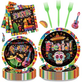 iPartyGo Fiesta Birthday Party Decorations - 96 PCs Mexican Cinco De Mayo Theme Plates and Napkins Forks Tableware Set Coloful Disposable Paper Taco Dinnerware Supplies Decor Favors Serve 24 Guests