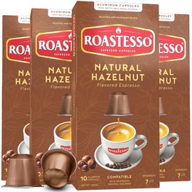 Roastesso, Aluminum Espresso Capsules, Natural Hazelnut Flavored Coffee, Compatible with Nespresso Original Machines, Medium Roast Intensity 7, Recyclable Coffee Pods, Packed in USA (40 Count)