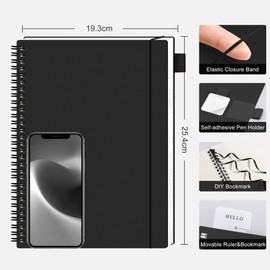 RETTACY Squared Spiral Notebook B5 Graph Grid Wirebound Journal with 140 Pages,PVC Pocket, Pen Loop, Ruler, Bookmark for Women Men Work Office School, 19 x 25 cm- Black