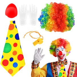 Cheloveer 5 Pieces Clown Costume, Clown Costume, Children's Clown Accessories, Clown Costume, Men's Clown Costume Set with Clown Wig, Clown Nose, Tie, Gloves and Pipes, Clown Accessories, Carnival