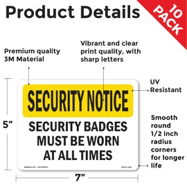 Security Badges Must Be Worn OSHA Security Notice Vinyl Decal Label 7 Inch x 5 Inch - 10 Pack