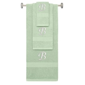 BY LORA Custom Embroidered Terry Cotton Ring Spun Bath Towel, Hand Towel and Washcloth Set - Mint Green Towel Set, White Chancery Initial B