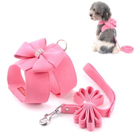 Ranphy Bling Rhinestone Suede Dog Harness No Pull Bowknot Soft Pet Vest with Leash Adjustable for Small Dogs Walking Training Hiking Pink