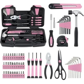 MARTCOLOR 58 Piece Household Tool Set, General Household Hand Tool Kit with Plastic Toolbox Storage Case, All Purpose Household Tool Kit for Women, Girls and Ladies, Pink