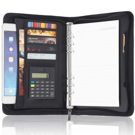 Zippered Leather Business Portfolio, Black Professional Executive PU Leather Business Portfolio Notebook for Men or Women with Calculator, Pockets for Cards and Tablet and Pen Holder