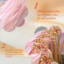 Whemyreat Pack of 50 Pink Wedding Walls with Bell, Romantic Lace Sticks with Wedding Ribbons, Magic Wands Wedding Streamers, Guest Gifts, Silk Fairy Stick, for Weddings, Holiday Parties, Parties