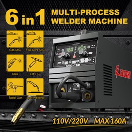 GZ GUOZHI 160A Mig Welder, 110V/220V Dual Voltage 6 in 1 Stick Welder/Gas Mig/Gasless Flux Core Mig/Lift TIG/Spot Welding/Spool Gun Multi-Process Welding Machine (US Connector)