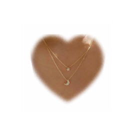 Crymystal Layered Crystal Moon Necklace Rhinestone Polaris Necklace Chain Crescent Moon Pendant Necklace Gold Lace Chain Necklace Crystal Stars Necklace Jewellery Girls Gifts, Zinc Metal