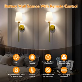 Battery Operated Wall Sconces Set of Two, Gold Wireless Wall Lights with 5200mAh Dimmable Bulbs and Remote, 12 Color Rechargeable Wall Sconce for Bedroom Living Room Hallway, 24 Inch