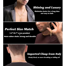 Eterjew 18K Plated Gold Cross Necklace for Men, Gold Cross Necklace for Men with 4mm Gold Cuban Cross Chain for Men Boys Women, Mens Cross Necklaces, Gold Cross Chain for Men 16 Inch