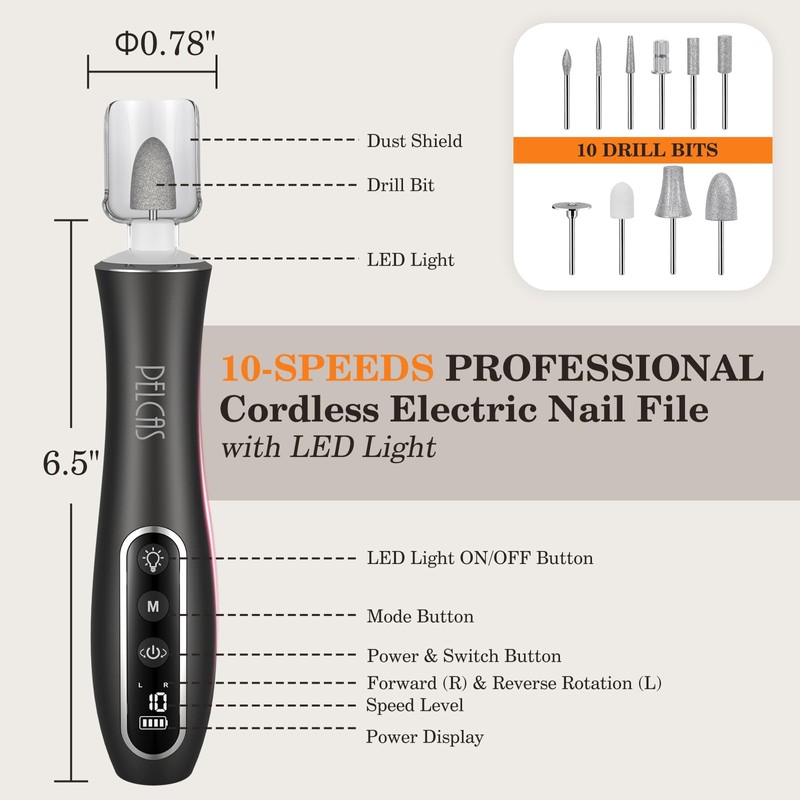 PELCAS Electric Nail Drills, Professional Cordless Nail File Kit with