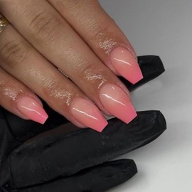 Ombre Pink Press on Nails Short Medium Square,SXVME Rose Pink Glue on Nails,French Fake Nails Acrylic Nails Press ons T-Shaped Short Coffin Nails for Women 24 PCS