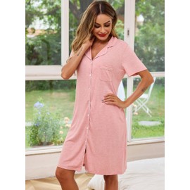 Lovasy Cotton Nightdresses for Women UK Lapel Button Down Nighties for Women Classic Boyfriend Style Nightshirts Soft Ladies Nighty Short Sleeve Night Dress Women UK with Pockets,Pink,XL