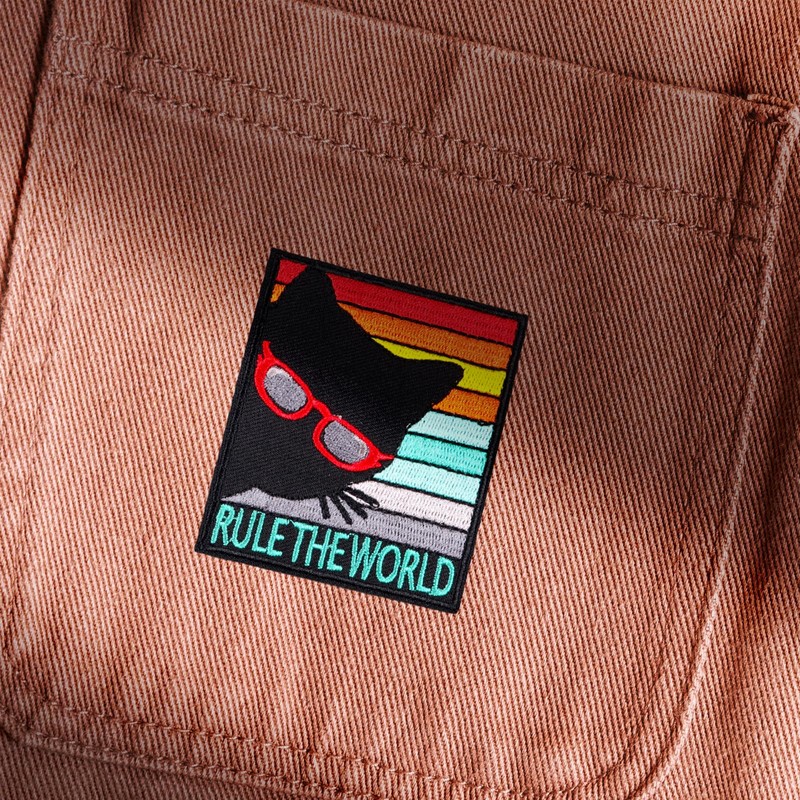 Rule The World Cool Cat Retro Patch, Iron-on/Sew-on Embroidered Badge