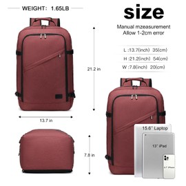 Kono Carry on Backpack, 22" Airplane Approved Travel Backpack for Men and Women, Waterproof Lightweight Daypack for Flight 40L (Burgundy Red, Large)
