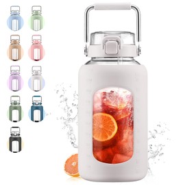 WINSA 84oz Glass Water Bottle with Stainless Steel Handle,2.5L Gallon Water Bottle With 2-IN-1 Straw Lid, Silicone Sleeve and Motivational Capacity Marker, Wide Mouth Water Jug For Gym, Workout, White