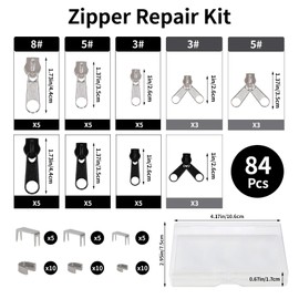 Phinus 84 Pcs Zipper Repair, #3#5#8 Nylon Coil Replacement Zipper, Zipper Bottom Stop & Top Stop Zipper Repair Kit, Double Zipper Replacement for Bags Jacket Coat Jeans Nylon Coil Zippers