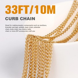 33 Feet 18K Gold PVD Plated Stainless Steel Curb Chain Bulk, 2mm 304 Stainless Steel Flat Twisted Links Curb Chains Roll Spool for Jewelry Making Necklace DIY Craft