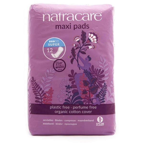 Natracare Natural Traditional Style Maxi Pads, Super, Individually Wrapped, Without Wings in Plant-Based Bag (1 Pack, 12 Pads Total)