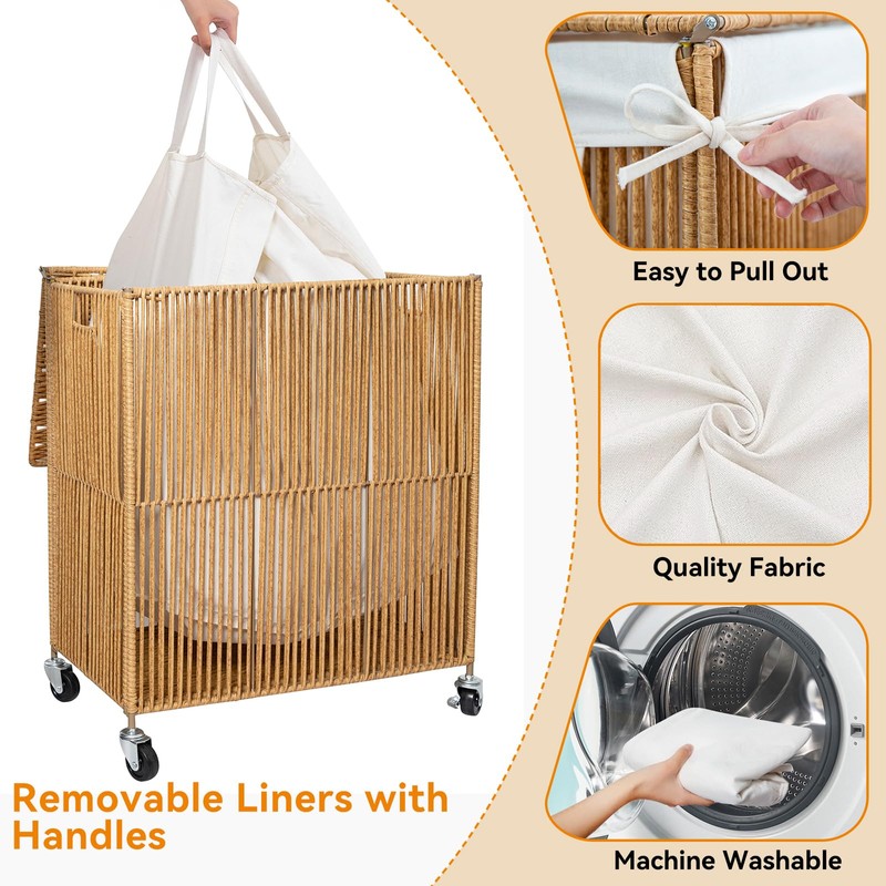 WOWLIVE Laundry Hamper with Wheels, Handwoven Rolling Laundry Basket with