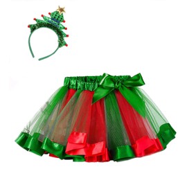 es-uk Kids Festival Outfits - Christmas Tutu for Girls with Matching Headband, Green & Red Tutu for Girls, Fully underlaid Tutu Skirts for Girls, Elastic Waist Tulle Skirts (9-10 Years)