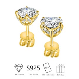 Luxury Quality Wholesale 925 Silver Women's Engagement Stud Earrings VVS1 Moissanite Elegant Stud StyleColor: Gold