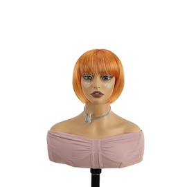 PHOCAS Short Orange Bob Wig with Bangs Straight Ginger Cospaly Costume Party Wigs Heat-Resistance Synthetic Short Hair Wig - 8 Inch Glueless Bob Wigs for Women