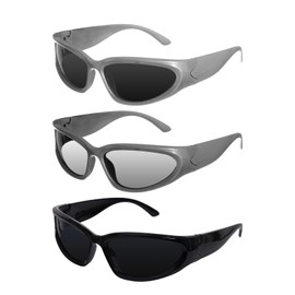 Nydotd 3 Pairs Y2K Sunglasses for Women Men Trendy Wrap Around Sunglasses Fashion Sport Shades Sun Glasses (Black,Grey)