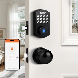 Probrico Smart Fingerprint Door Lock for Front Door,Electronic Keyless Entry Door Lock Deadbolt with Handle Set,Door Knob with Smart Keypad Deadbolt Lock,Auto Lock,App,Black