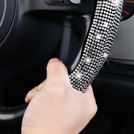 CAR PASS Bling Diamond Segmented Steering Wheel Cover with Crystal Rhinestones, 2PCS Wheel Protector Non-Slip Cute Car Accessories Universal Fit D-Shape O-Shape 14.5" to 16" for Women, Silver Diamond