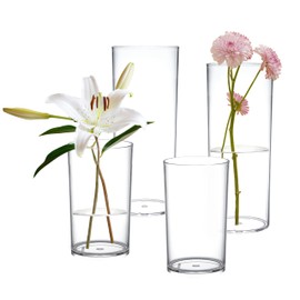 KLIFA- Carlsbad- Set of 4 Pieces, 6 & 9 Inch Tall, Plastic Cylinder Vases for Centerpieces, Acrylic Flower Vase for Wedding Centerpieces, Home Decorations, Clear