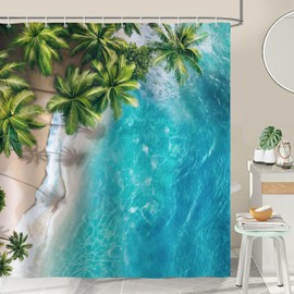 Bonhause Tropical Beach Shower Curtain, Turquoise Ocean Coastal Seaside Palm Tree Summer Outdoor Bathroom Curtain 72 x 72 Inch Polyester Fabric Waterproof Bath Curtain with 12 Hooks