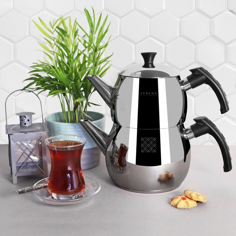 Serenk Traditional Turkish Tea Pot, Stainless Steel Double Tea Pots,