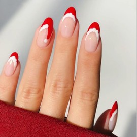 Christmas Press On Nails, Xmas Press On Nails Short Medium Short, Almond Coffin Press On Christmas Nails with Glue or Jelly Adhesive, Christmas Fake Nails for Women (Red 3, Medium)