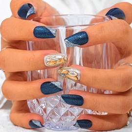 Sethexy Blue Cat Eye Handmade Fake Nail Rhinestone Medium Coffin False Nails Acrylic Natural Glossy Press on Nails Salon for Women and Girls 10PCS (A)