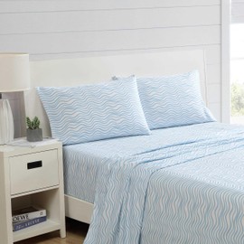 Nautica - Sheet Set, Breathable & Cooling Microfiber Bedding with Matching Pillowcases, Deep Pocket, Fully Elasticized (Linearly Waves Ocean Breeze Blue, Full)
