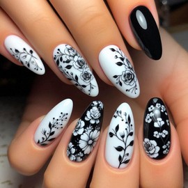 Medium Press on Nails Almond Fake Nails with Flower Leaves Designs Black Nails Press ons Glossy Glue on Nails White Acrylic Nails Spring False Nails Summer Stick on Nails for Women 24Pcs