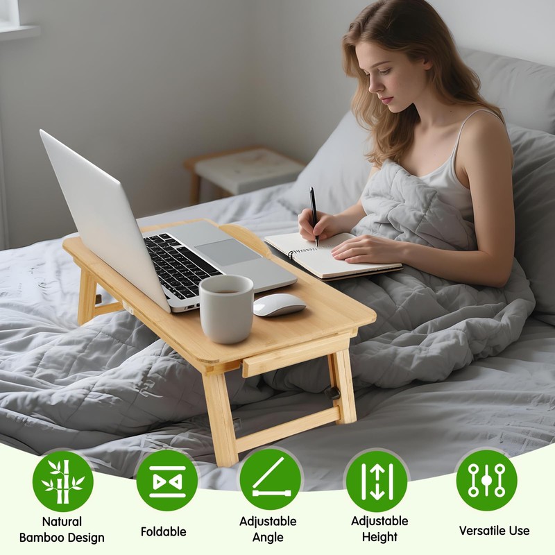 Bamboo Laptop Desk, Adjustable Foldable Bed Tray Table for Bed,