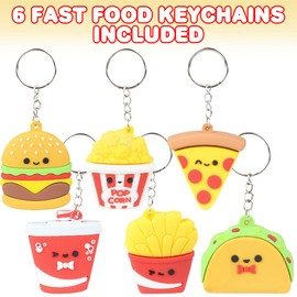 ArtCreativity Fast Food Keychains For Kids, Set of 6, Includes Soda, Pizza, Taco, Sandwich, Popcorn And French Fries, Cool Keychain Accessories, Keychains For Boys & Girls, Food Party Favors