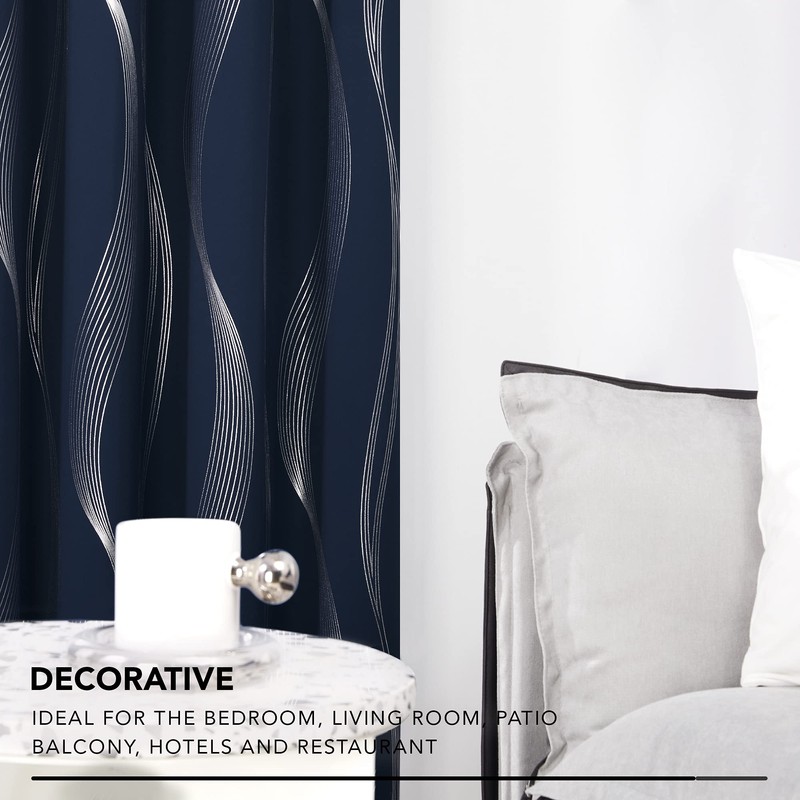 Deconovo Blackout Grommet Silver Curved Wave Pattern Printed Curtains, Navy