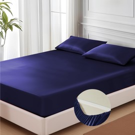 MR&HM Satin Fitted Sheet & Pillowcase Set King Size, 3-Piece Silky Soft Bedding with 15" Deep Pocket, Reinforced Elastic Corner Straps to Prevent Slipping Off Mattress, Navy Blue